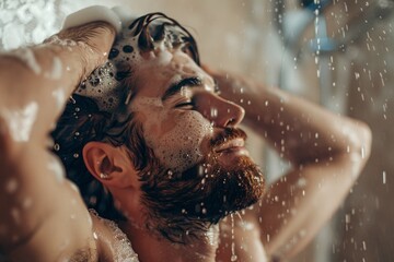 A man enjoying a luxurious shower, shampooing his hair with a fragrant lather