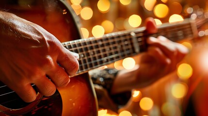 Close-up of a male hand playing an acoustic guitar with blurry warm lights in the background.