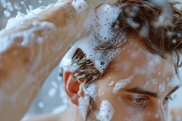 Fototapeta premium A close-up view of a man shampooing his hair with care