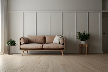 Modern mid century and minimalist interior of living room ,empty room , white wall and wood floor ,3d render Generative AI 