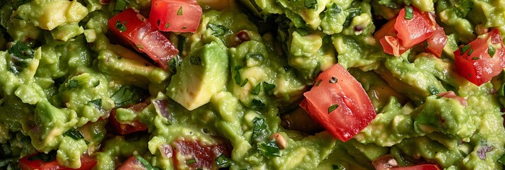 A close-up shot capturing the texture and freshness of freshly made guacamole with ripe avocados and diced tomatoes