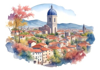 North Macedonia Country Landscape Watercolor Illustration Art - Powered by Adobe