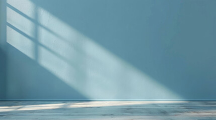 Abstract blue color gradient studio background for product presentation. Empty room with shadows of window and flowers and palm leaves . 3d room with copy space. Summer concert. Blurred backdrop.