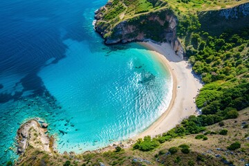 A breathtaking aerial view of a pristine coastline with crystal-clear waters and white sandy beaches