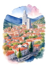 North Macedonia Country Landscape Watercolor Illustration Art - obrazy, fototapety, plakaty
