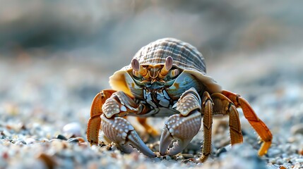 A closeup of a hermit crab on the beach. The crab is sitting on the sand and has its claws raised in the air.