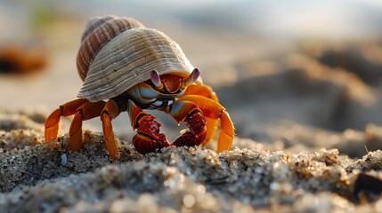 Cute hermit crab with bigé’³å­. It is standing on the sand. Its shell is brown and white. Its eyes are blue and black. Its claws are red and white. - Powered by Adobe