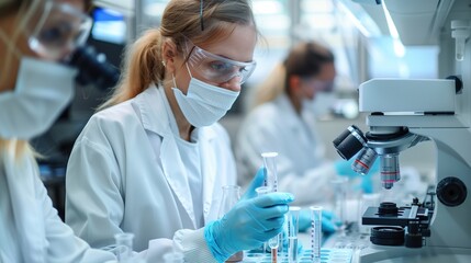 Fototapeta premium Scientists wearing protective gear work diligently in a modern laboratory.