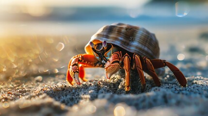 Cute hermit crab on the beach. The crab is walking on the sand, looking for food. - Powered by Adobe