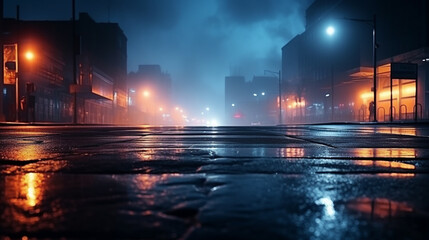 in rainy night, wet asphalt reflection of flashlights smoke surfaces abstract lights in a dark...