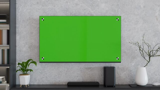 Television with green screen, chroma key, lcd tv living room interior, 4k