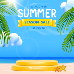 summer sale banner template with beach and sea water, palm leaves and blue sky with clouds.