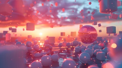 A chaotic yet beautiful sea of floating digital spheres and cubes against an abstract sunset background in 8K