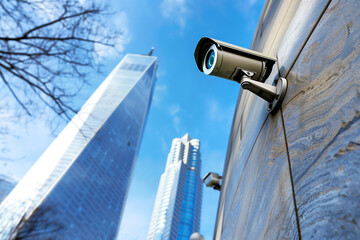 Against a serene blue sky dotted with skyscrapers, a detailed close-up reveals the craftsmanship of a modern security camera affixed to a wall, symbolizing safety and security amid