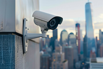 With the city skyline as its backdrop, a close-up image showcases the sleek design of a modern security camera mounted on a wall, blending seamlessly into the urban landscape while