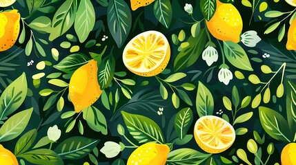 Digital lemon and leaves pattern illustration poster web page PPT background