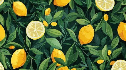 Digital lemon and leaves pattern illustration poster web page PPT background