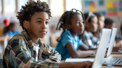 Children seated around a table engaging with laptops. A scene of learning and technology in a classroom or educational setting.