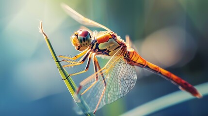 A dragonfly is perched on a green stem. The dragonfly is mostly yellow with black stripes on its back. Its wings are transparent with a yellow tint. - Powered by Adobe