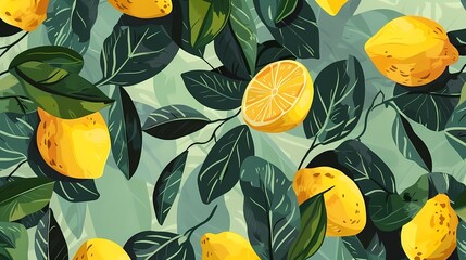 Digital lemon and leaves pattern illustration poster web page PPT background