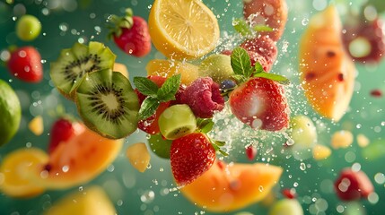 Fruit explosion on a green background, with different fruits flying in the air