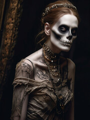 Naklejka premium Deathly beauty - high fashion photograph capturing the essence of a stylish undead gorgeous hauntingly elegant young woman.