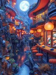 Obraz premium Construct a surreal neoninfused scene where alien creatures enjoy a sushi feast in a fantastical setting