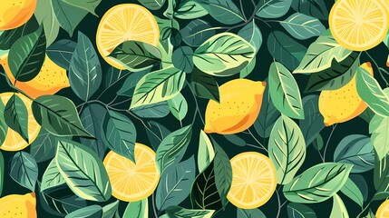 Digital lemon and leaves pattern illustration poster web page PPT background