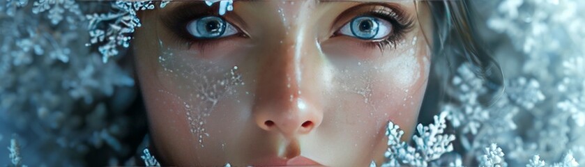 a cosmetic advertisement set in a mythical world where beauty is enhanced by futuristic technology