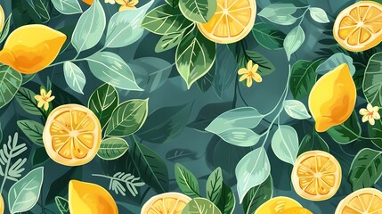 Digital lemon and leaves pattern illustration poster web page PPT background