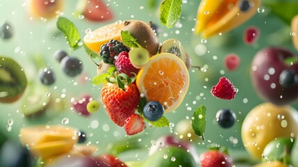 Fruit explosion on a green background, with different fruits flying in the air
