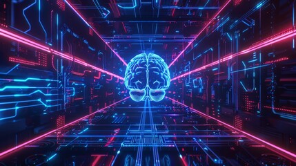 A glowing blue brain inside a futuristic technological tunnel.