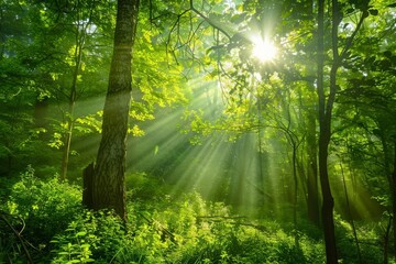 lush green forest with sunbeams filtering through trees enchanting nature landscape