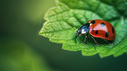 Fototapeta premium A closeup of a ladybug on a green leaf. The ladybug is red with black spots and has its wings closed.