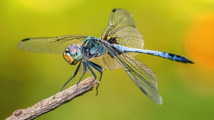 A dragonfly perched on a branch, its wings outspread. The dragonfly is blue and green, with a long, thin body and large, iridescent wings.