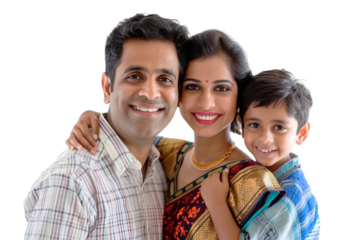 Indian family portrait of three with couple and little boy over isolated transparent background
