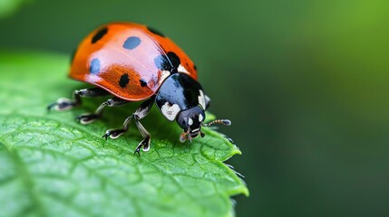 Fototapeta premium A closeup of a ladybug on a green leaf. The ladybug is red with black spots and has its wings closed. The leaf is green and has a serrated edge.