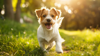 Energetic Jack Russell Terrier running in a sunlit meadow