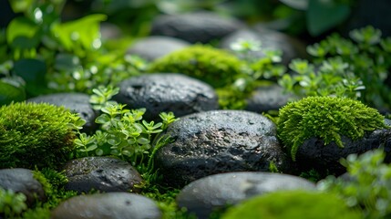 Mosscovered rocks, a closeup shot showcasing the lush greenery of moss growing on smooth stones in an outdoor setting. The vibrant colors and intricate textures scene that captures nature's beauty. 
