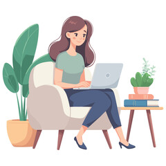 Happy woman sitting on armchair and working on laptop
