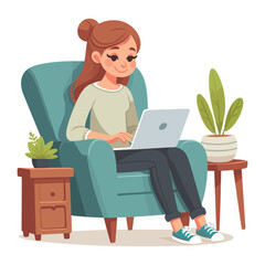 Happy woman sitting on armchair and working on laptop