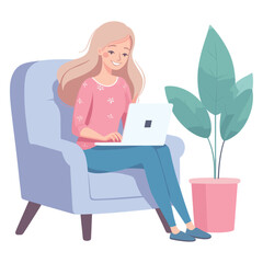 Happy woman sitting on armchair and working on laptop
