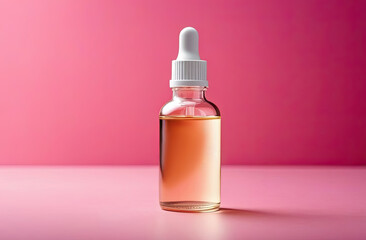 Glass dropper bottle with a pippette with rubber tip on the beautiful background. Nature Skin concept. Organic Spa Cosmetics. Eco friendly care organic Cosmetic product. Beauty treatment. Spa Concept.