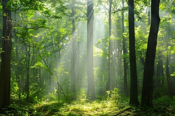 Enchanting forest with sunlight filtering through trees