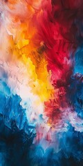 Vibrant abstract painting background bursting with dynamic colors of blue, orange, red, embellishing themes of creativity and emotion in art. Copy space.