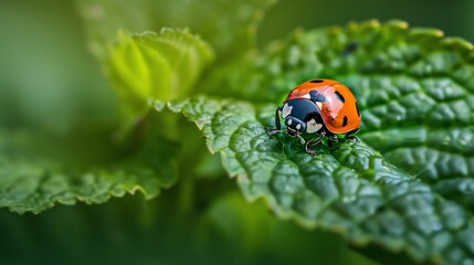 Fototapeta premium A ladybug sits on a green leaf, looking in the direction of the camera. The ladybug is red with black spots.