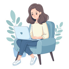 Happy woman sitting on armchair and working on laptop
