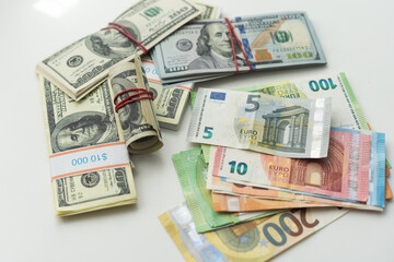  banknotes, American dollar, European currency, euro, various money.
