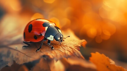 Fototapeta premium A ladybug is perched on a leaf in the morning sun. The ladybug is red with black spots, and the leaf is green with yellow veins.