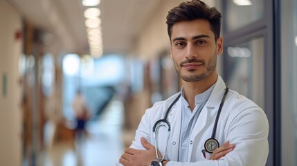Confident Young Male Doctor Standing in Hospital Corridor with Stethoscope
